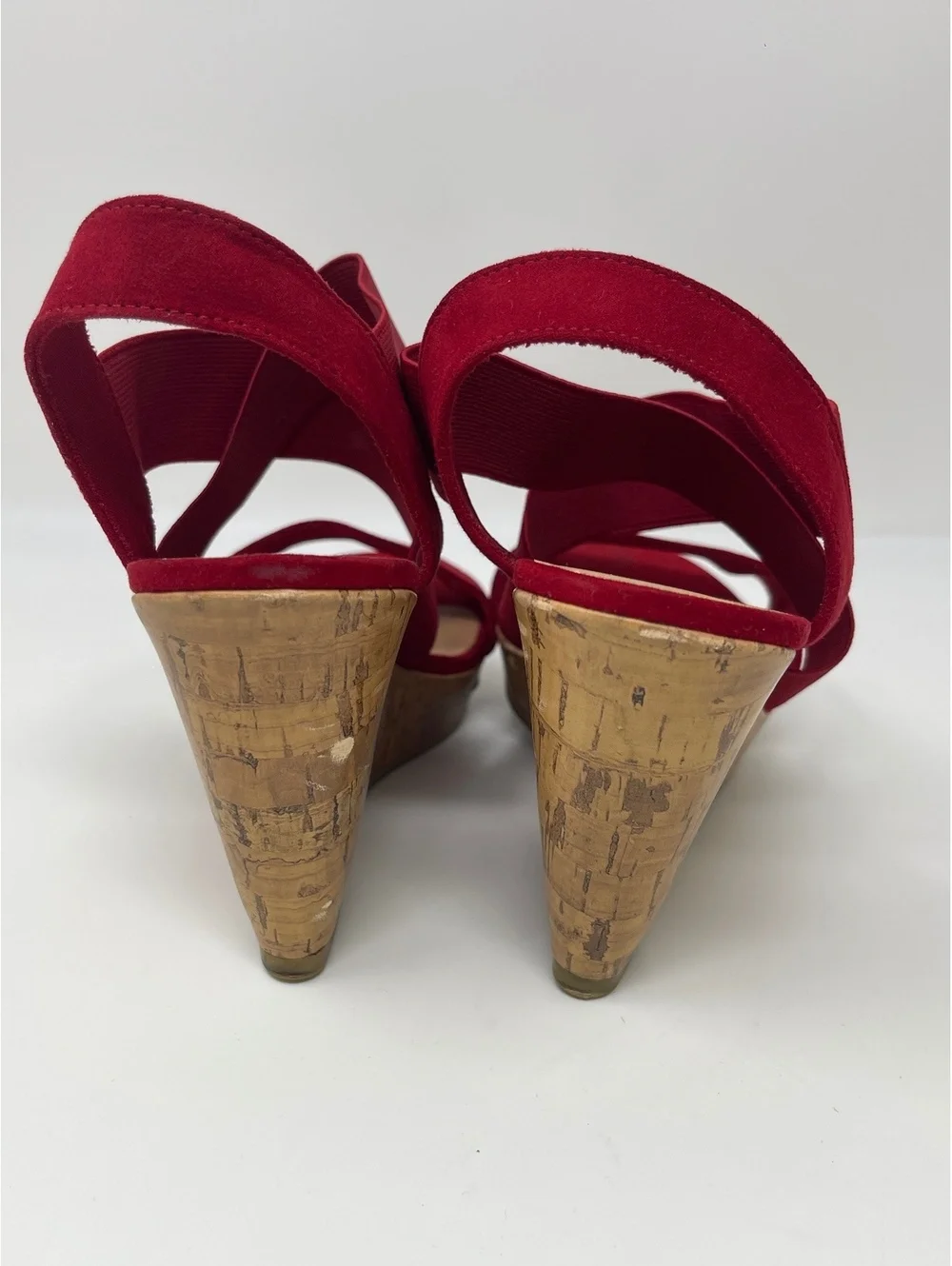 American Eagle Heels Womens Sz 9.5 Wedge Platform Sandals Red Suede Elastic Cork